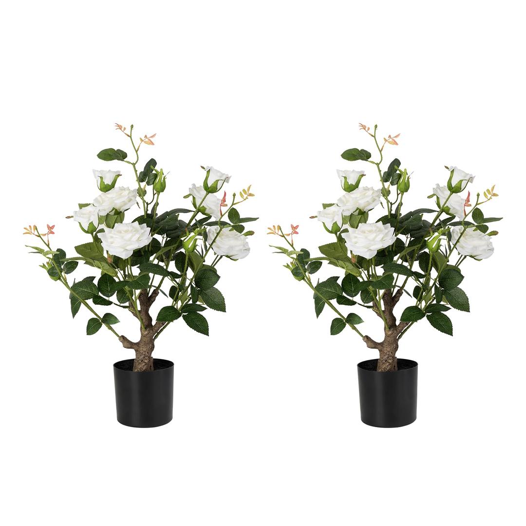 Jcezvnt 24 Artificial Rose Tree, 2 Pack Faux Rose Plants with White Flowers and Green Leaves, 2FT Silk Potted Tree for Indoor Outdoor Home Office Porch Garden Decor, White