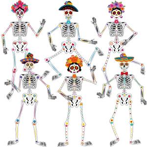 6 Pcs 51 Inches Large Halloween Jointed Skeletons Paper Cutout Day of The Dead Jointed Skeletons Hanging Decorations Dia De Los Muertos Party Supplies for Outdoor Mexico Sugar Skull Decor