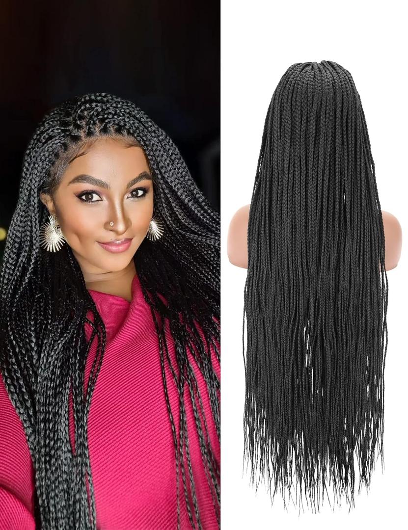 BEART 36 Inch Braided Wig for Black Women Clarance  13x6 Handmade Knotless Box Braided Lace Front Wig with Baby Hair - Heat Resistant Glueless Synthetic Wig for a Lightweight & Natural Look