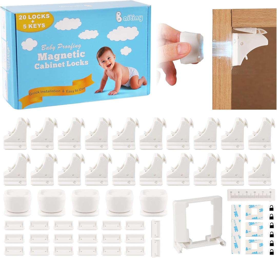 20 Pack Magnetic Cabinet Locks Baby Proofing - Baitiny Child Proof Cupboard Drawers Latches - Adhesive Easy Installation