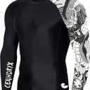 Mens Rash Guard Men's Long Sleeve UPF 50+ Sun Protection, Compression Shirt Long Sleeve Swim Shirts Workout Gym T-Shirt (Large, Black & White Dragon)