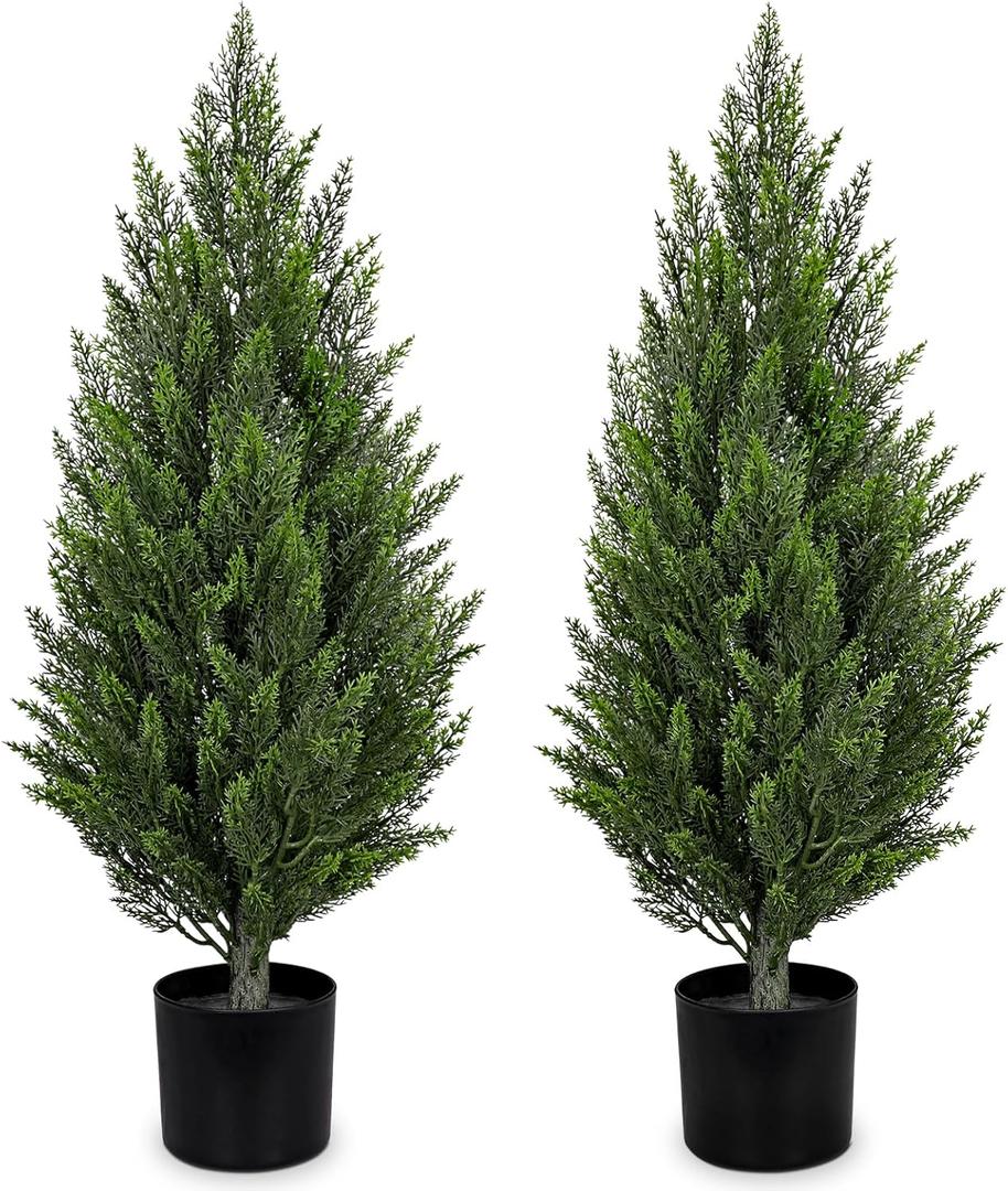 Briful 3FT Artificial Cedar Topiary Trees Set of 2  Realistic Faux Cedar Pines in Pots, UV Resistant Outdoor Porch & Entryway Plants, All-Season Evergreen Decor for Patio, Farmhouse & Holiday
