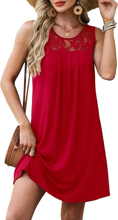 Summer Dresses for Women Sleeveless Lace Crewneck Sundress, L, Red