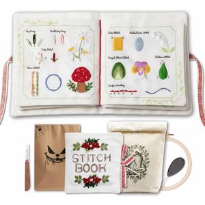 TenDawn Beginner Embroidery Stitch Book with Fabric Pages, 32 Essential Stitches in Structured Learning Order for Adults, DIY Sewing Kit with Floral Motifs, Practice Patterns (Basic & Intermediate Kit)
