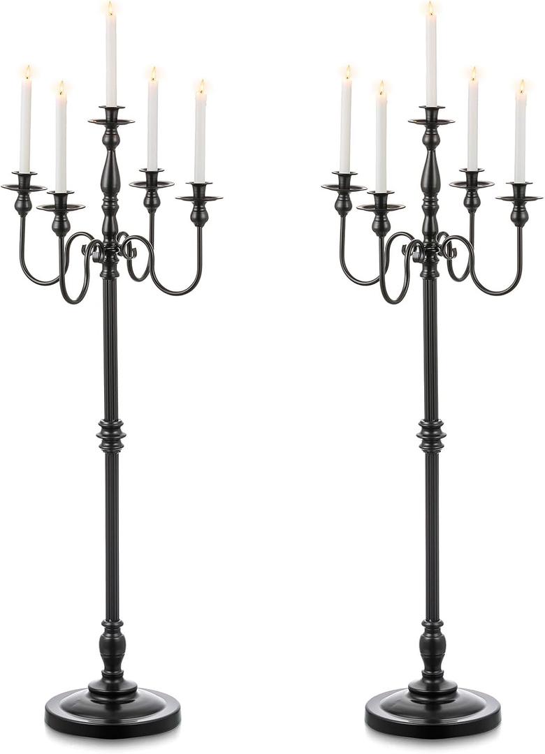 Candeldo Floor Candelabra Candle Holder: 48 Inches Black Candelabras Set of 2 Halloween Decor 5 Arm Tall Dinning Tables Centerpieces Modern Candles Stand Fireplace Decoration