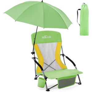 Homcosan Portable Low Folding Beach Chair with Detachable Umbrella - Lightweight Camping Chair for Adults with Cup Holder & Storage Pocket, Carry Bag Included (Green & Yellow)
