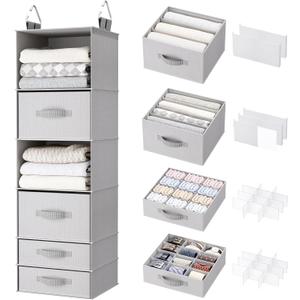 Hanging Closet Organizer with Storage Drawers, Made of 600D Thickened Oxford Cloth, Washable, Tear-Resistant, Strong Load-Bearing Without Deformation (Light Gray) (6L-4 dwr-B)