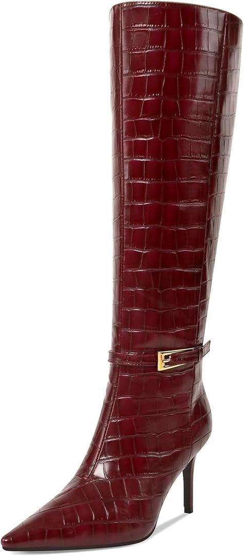 Knee High Boots Women Stiletto High Heel 3.3in, Side Zipper Pointed Toe Metal Buckle Tall Boots Dress Boots for Women, Comfortable Faux Leather Below the Knee Long Boots (10, Burgundy Crocodile)