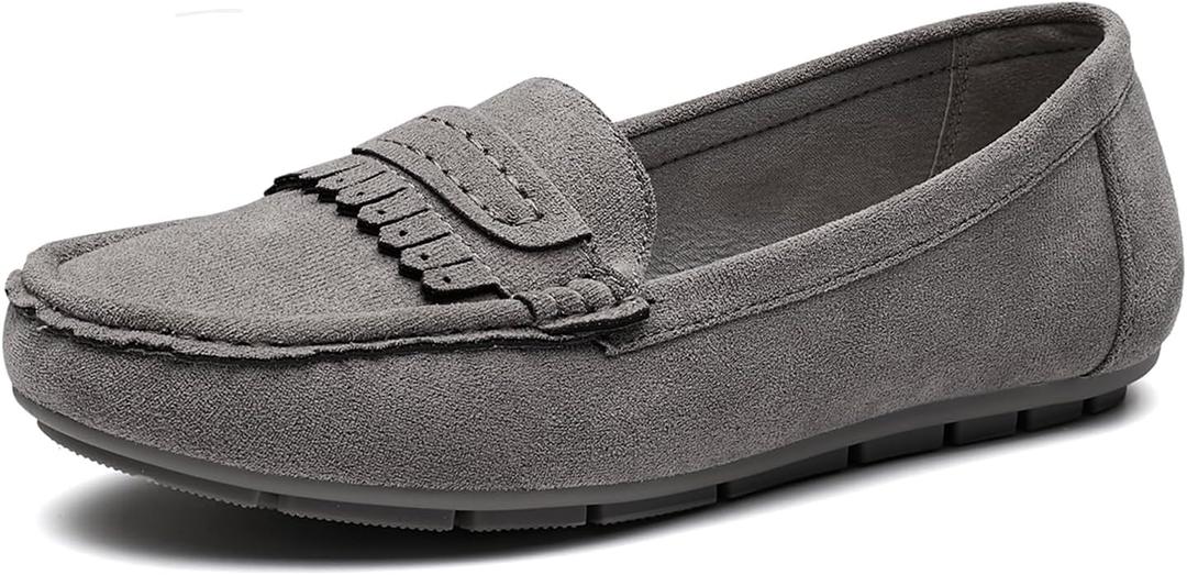Women's Business Loafers Work Casual Flats Shoes Lightweight Penny PU Leather Slip On Walking Shoes (10 Wide, Grey Fabric)