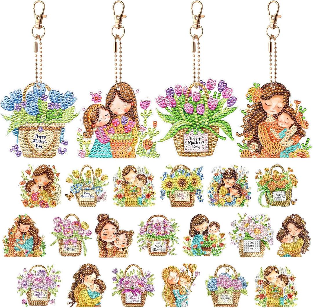 Huquary 24 Pcs Mother's Day Diamond Art Painting Keychains Kits 5D DIY Diamond Art Mother's Day Crafts Pendant Ornaments for Mom Grandma Flower Basket Mom and Child Charms for Birthday Decorations