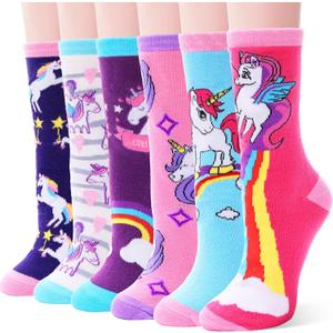 EBMORE Kids Girls Socks Cotton Crew Cute Animal Pattern Fashion Fun Novelty Socks 6 Pack (5-8 Years)