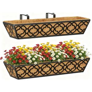 Y&M Deck Railing Planter Boxes, Adjustable Balcony Planter for Outdoor Plants, Metal Railing Planter Box for Deck, Fence and Porch, Window Boxes Outdoor, Sturdy Hanging Planter-24inch 2pcs