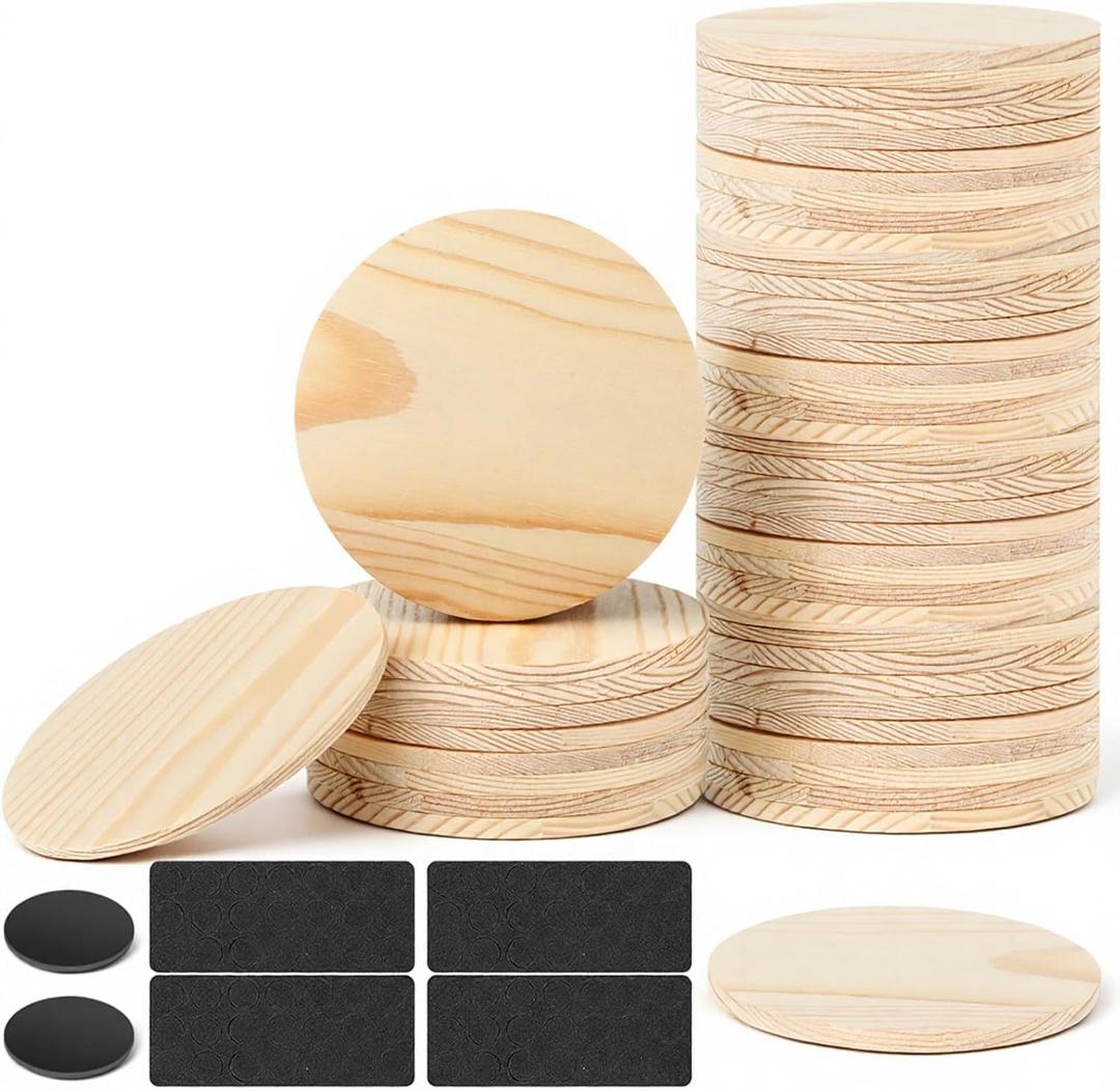 48Pcs Unfinished Wood Coasters, 4 Inch Round Blank Wooden Coasters for Crafts with Non-Slip Silicon Dots, Coffee Coaster for DIY Stained Painting Wood Engraving Home Decoration