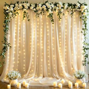 10x10ft Champagne Tulle Backdrop Curtains with Lights String for Parties,Wrinkle Free Sheer Curtain Wedding Photo Backdop Drapes for Baby Shower Birthday Party Photography Home Decorations (2 Panels(5*10FT))