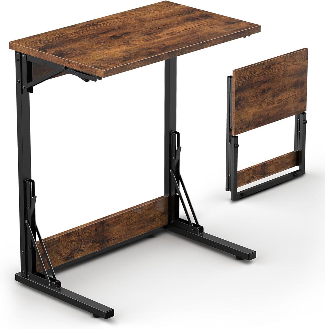 Tatub 24" Folding C Shaped End Table, Small Sofa Side Laptop Desk, Couch TV Tray Table for Living Room, Bedroom, Rustic Brown