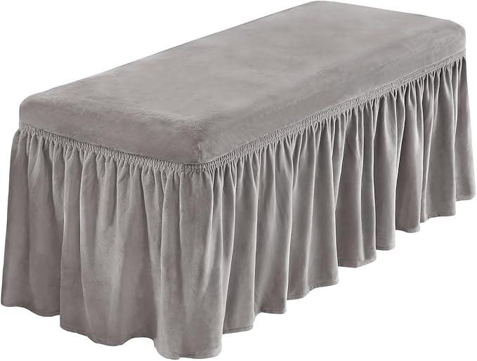NICEEC Spandex Stretch Dining Bench Cover with Skirt Removable Bench Slipcover Rectangle Washable Bench Cushion Covers for Dining Room Living Room Bedroom Kitchen(LightGrey)
