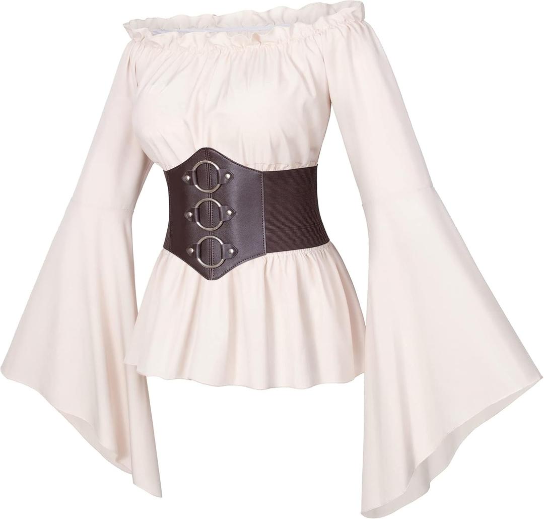 Womens Renaissance Victorian Peasant Ruffle Smocked Waist Boho Pirate Shirt Blouse with Belt Set (Small, Beige)