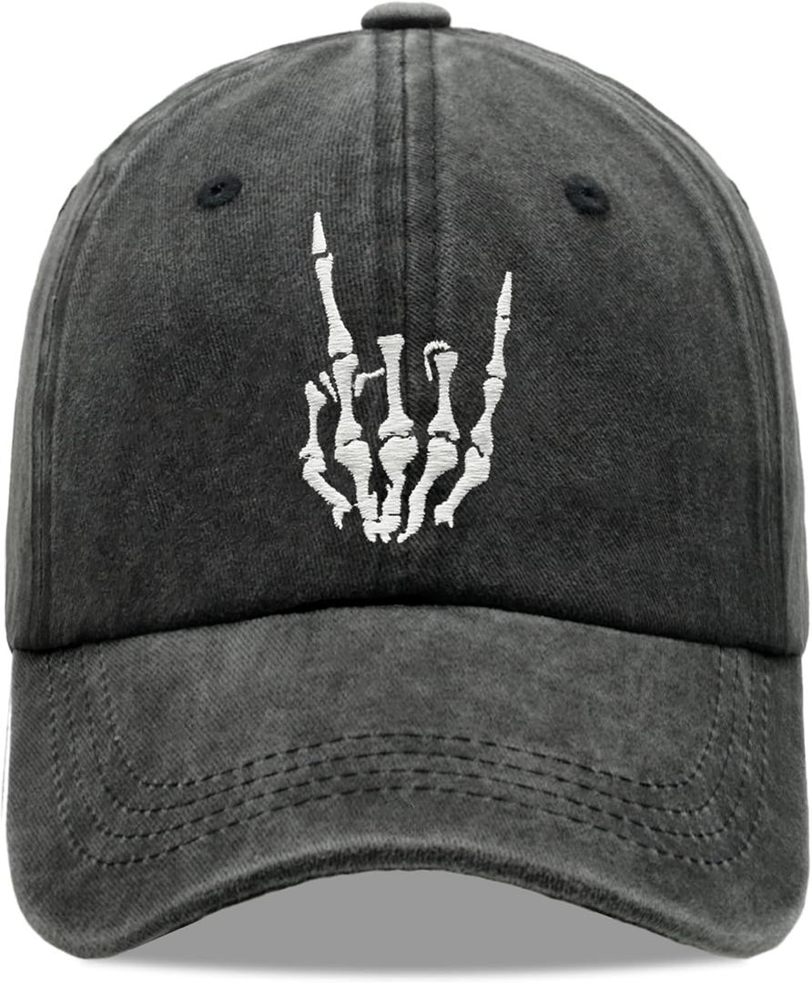 Halloween Skeleton Black Hat Beanie Skull Baseball Cap Embroidered Finger Bone Adjustable Mesh Hat for Men Women