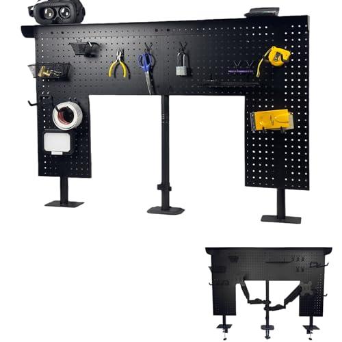 Arkali Studio Desk Pegboard with 2 Monitor Mounts Gas Spring Adjustable Arms, Work Bench 47 x 31 inch Heavy Duty Steel Stand Pegboard-Table Shelf Organizer for Workshop, Gaming and Live Streaming Accessories