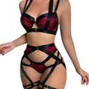 Lilosy Sexy Strappy Underwire Push Up Garter Belt Lingerie Set Harness Cutout Outfits Matching Bra Panty 3 Piece (Large, Red Velvet)