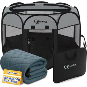 Siedihit Dog Cat Playpen with Washable Pee Pad, Puppy Pet Playpen, Dark Grey, Large
