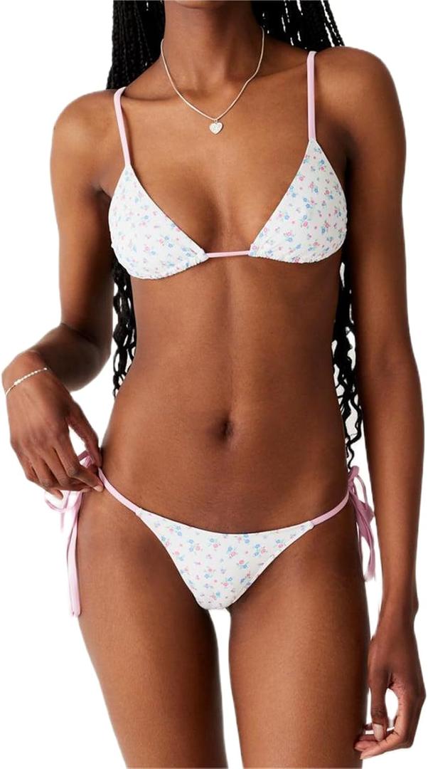 Alyweatry Women Two Piece String Bikini Set Floral Print Halter Side Tie Triangle Thong Swimsuits Bathing Suit (Small, Sweet Meadow)