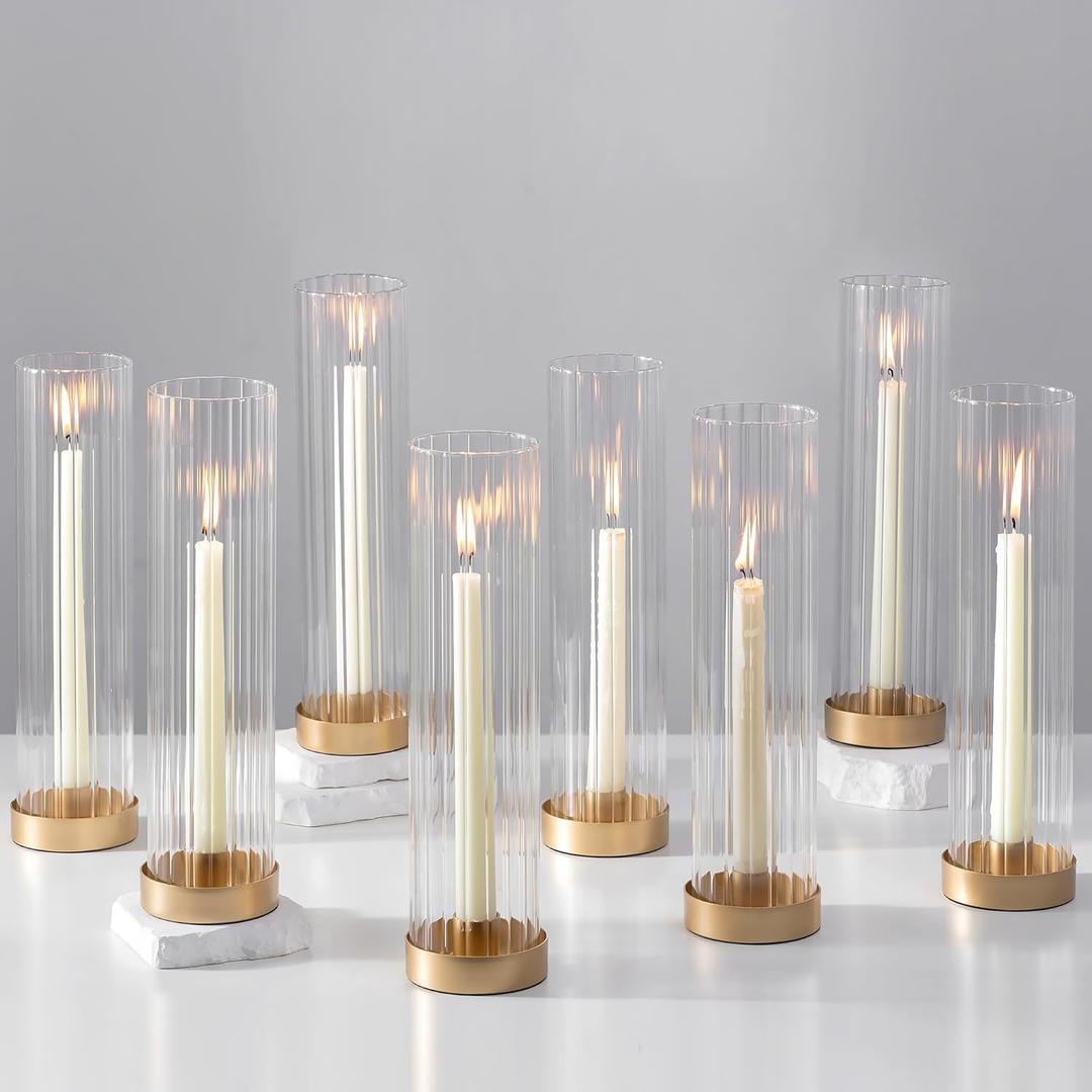 Hewory Hurricane Glass Candle Holders: Set of 8 Gold Candlestick Holders with 11" Tall Clear Cylinder Hurricane Cover, Taper Candle Holder for Wedding Table Centerpiece Party Christmas Home Decor