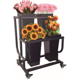 Tongmo 2-Tier Flower Display Stand with 4 Buckets - Movable Plant Cart for Heavy Duty Flower Rack - Perfect for Flower Shops, Homes, Cafs, and Offices (2-Tier with Bucket)