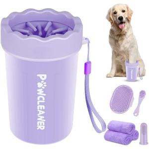 Professional 7 in 1 Dog Paw Cleaner for Dogs & Cats - Includes 1 Portable Paw Washer, 1 Bath Brush, 2 Dog Toothbrushes and 3 Absorbent Towels Note: Fits Paws 1.5 to 2.5 Inches Wide (Medium, Purple)