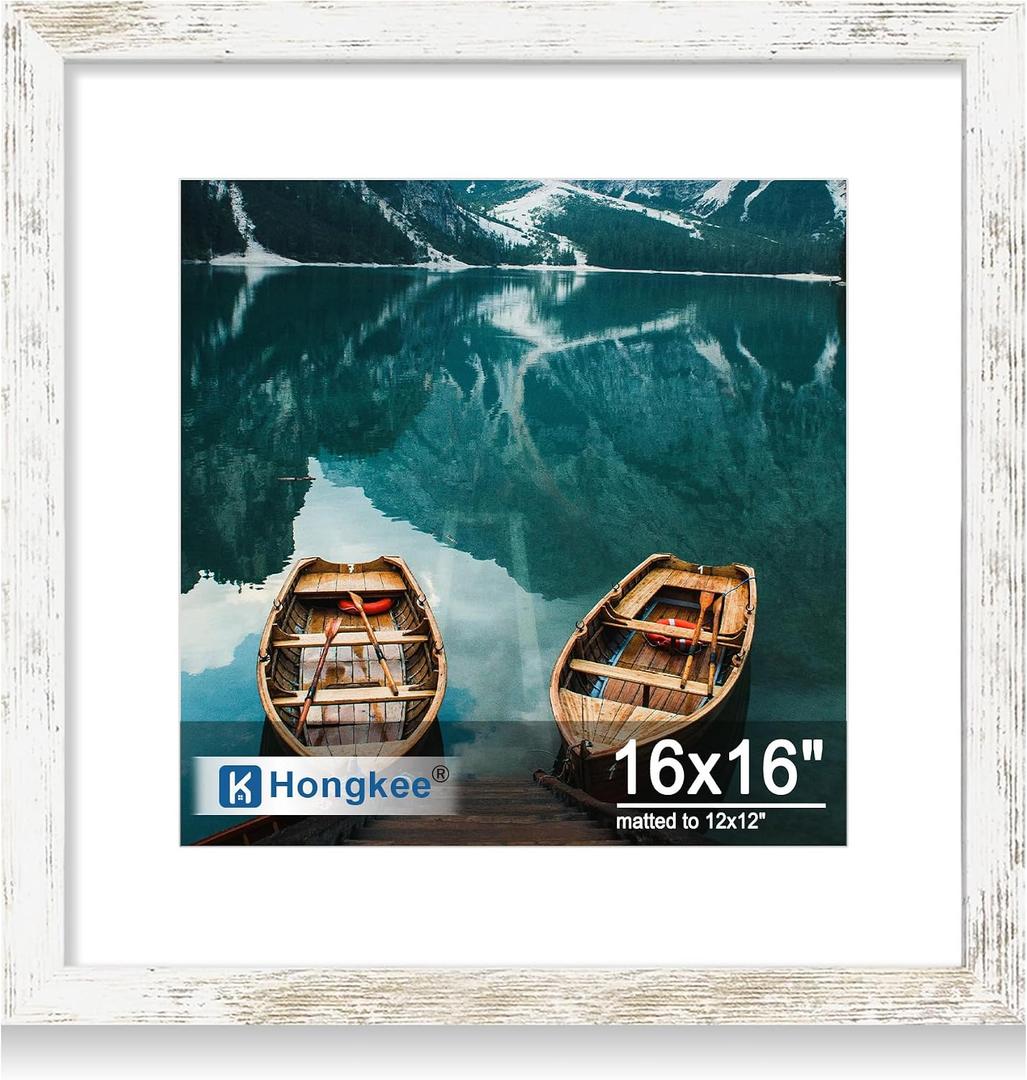 Hongkee 16x16 Frame, 16 x 16 Distressed White Wood Style, 12x12 Mat, 1 Pack, 16x16 in