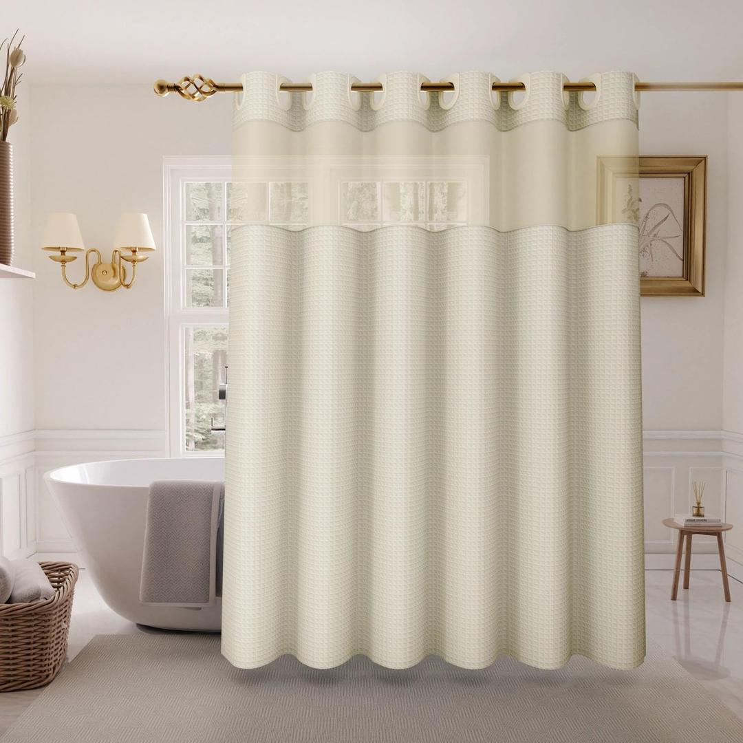 Inhousolu Long No Hook Shower Curtain with Snap in Fabric Liner Set Waffle Weave 230GSM Weighted Hem, Waterproof & Washable Bathroom Curtain Spa Luxury with Mesh Top Window 72" W x 78" L Ivory