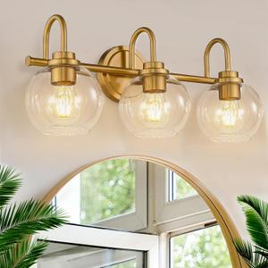 Gold Vanity Light, 3 Light Bathroom Light Fixtures, Modern Bathroom Vanity Lights Fixtures Over Mirror with Clear Glass Globe Shade, Gold Wall Sconces for for Mirror Bathroom Hallway (E26 Base)