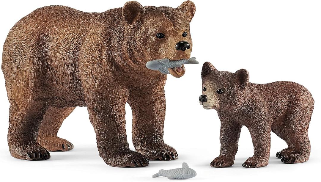 Schleich Wild Life - 4 PC Grizzly Bear Figure Toy Playset - Realistic Mom and Baby Brown Bear Cub Figurine with Fish for Kids and Toddlers - Educational Animal Toys for Boys and Girls Ages 3+ - 42473