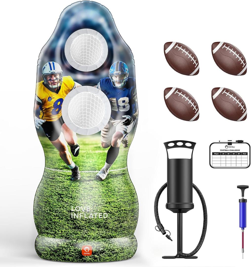 QPAU Life-Size Inflatable Football Target with Dual-Hole & Water-Filled Base - Includes 4 Balls, 2 Pumps & Dry Erase Scoreboard - Heavy Duty Outdoor Backyard Sports Toss Games for Kids, Teens & Adults