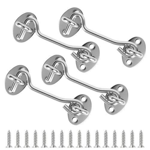 Oualhoo 4" Silver Stainless Steel Gate Latch, Barn Door Lock with Screws, Privacy Hook for Inside Door, Fence, Window, 4 PCS