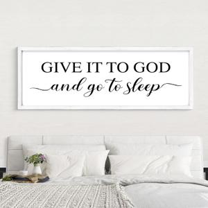 UPPER DECOR Give It to God and Go to Sleep Sign 42''×15'' Large Above Bed Wall Decor Farmhouse Bedroom Decor Wood Framed Guest Room Decor Wall Art Rustic Master Bedroom Wall Decoration (White)