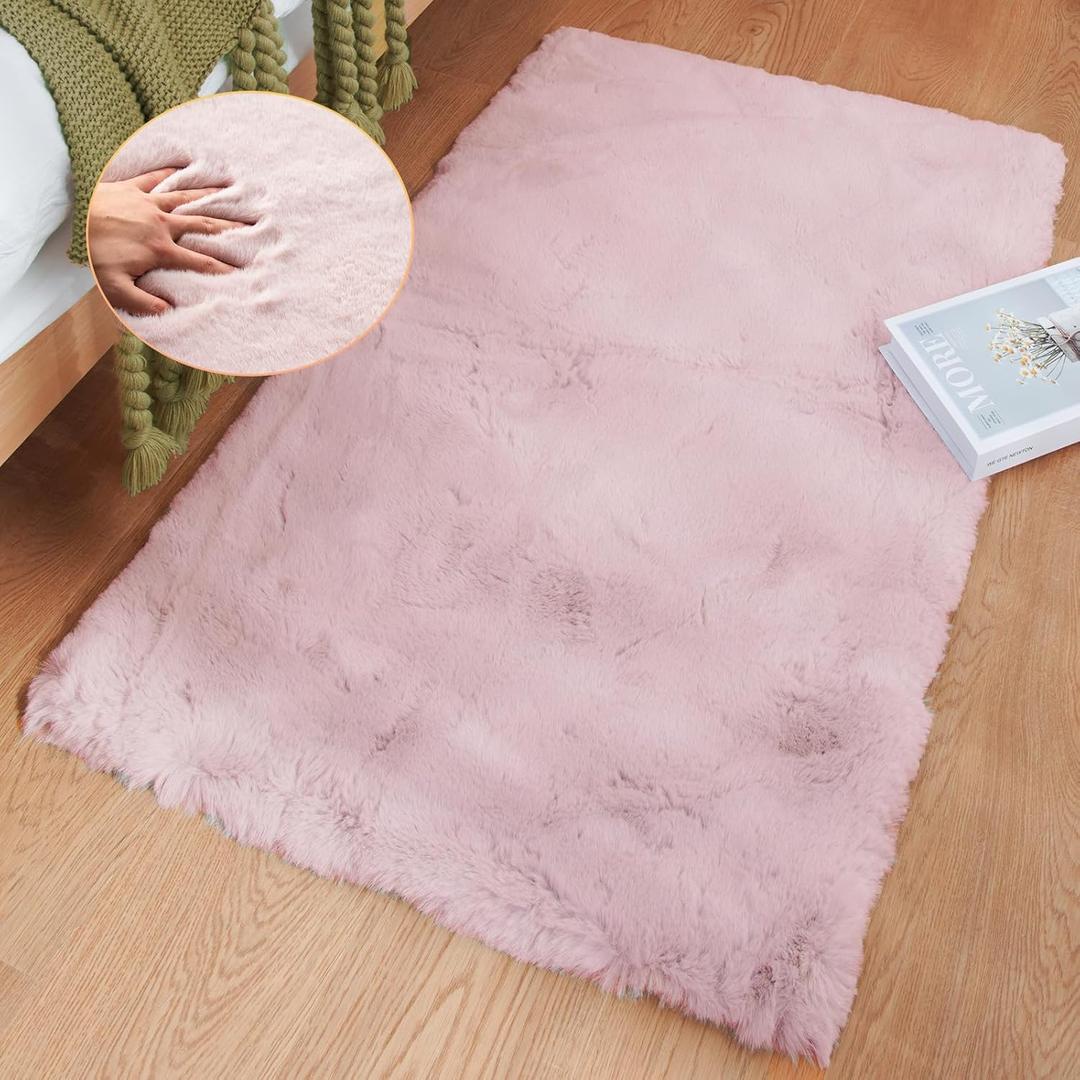 ORINOVA Pink Fuzzy Faux Washable Fluffy Fur Area Rugs for Living Room Cute Small Furry Rugs for Bedroom Kids Rug 2x3 Rug Girls Nursery Rug Rectange Rugs
