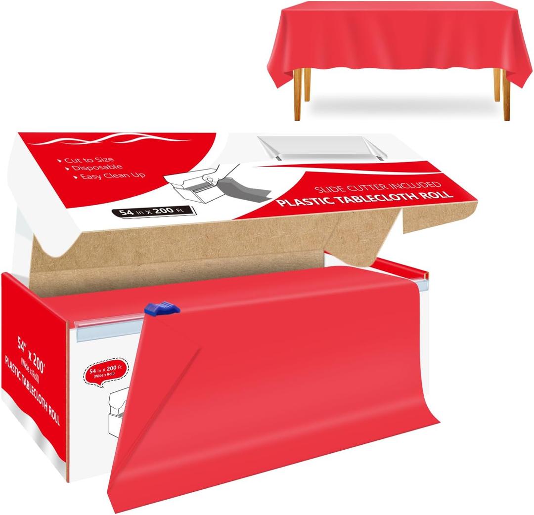 54 Inch x 200 Feet Red Plastic Tablecloth Roll Cut to Size Disposable Table Cover with Cutter Box Plastic Table Cloth for Party, Wedding, Birthday