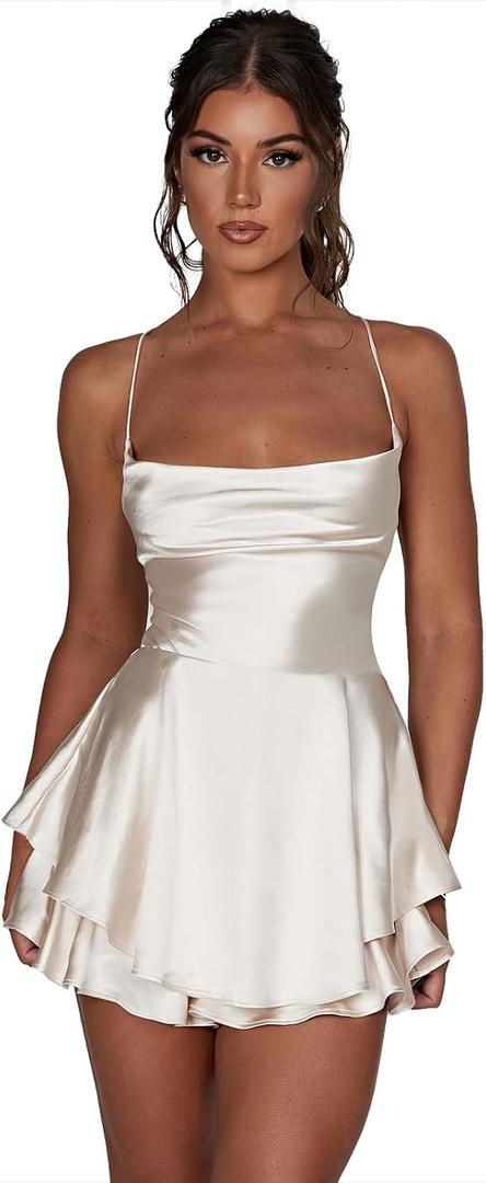 AGYMNX Women Sexy Spaghetti Strap Satin Dress Sleeveless Low Cut Backless Short Romper Dress Party Jumpsuit Mini Sundress (Beige, S)