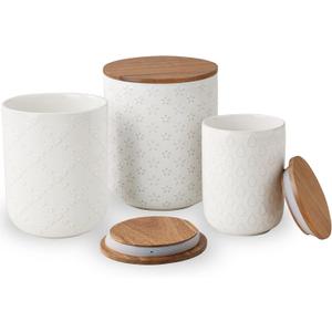 Canisters Sets for the Kitchen, White Ceramic Canister Set with Airtight Wood Lids, 3 Pcs Embossed Food Storage Jars Containers for Flour, Sugar, Spice, Coffee, Tea (70/40/25 oz)