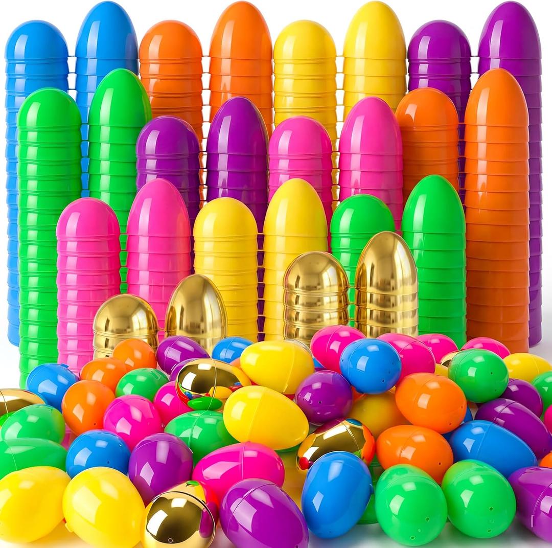 3 x 100PCS Easter Eggs Include 6 Surprise Golden Eggs, 3" Empty Fillable Colorful Bright Plastic Eggs Bulk for Easter Hunt, Easter Basket Stuffers Fillers Classroom Prize Party Favors