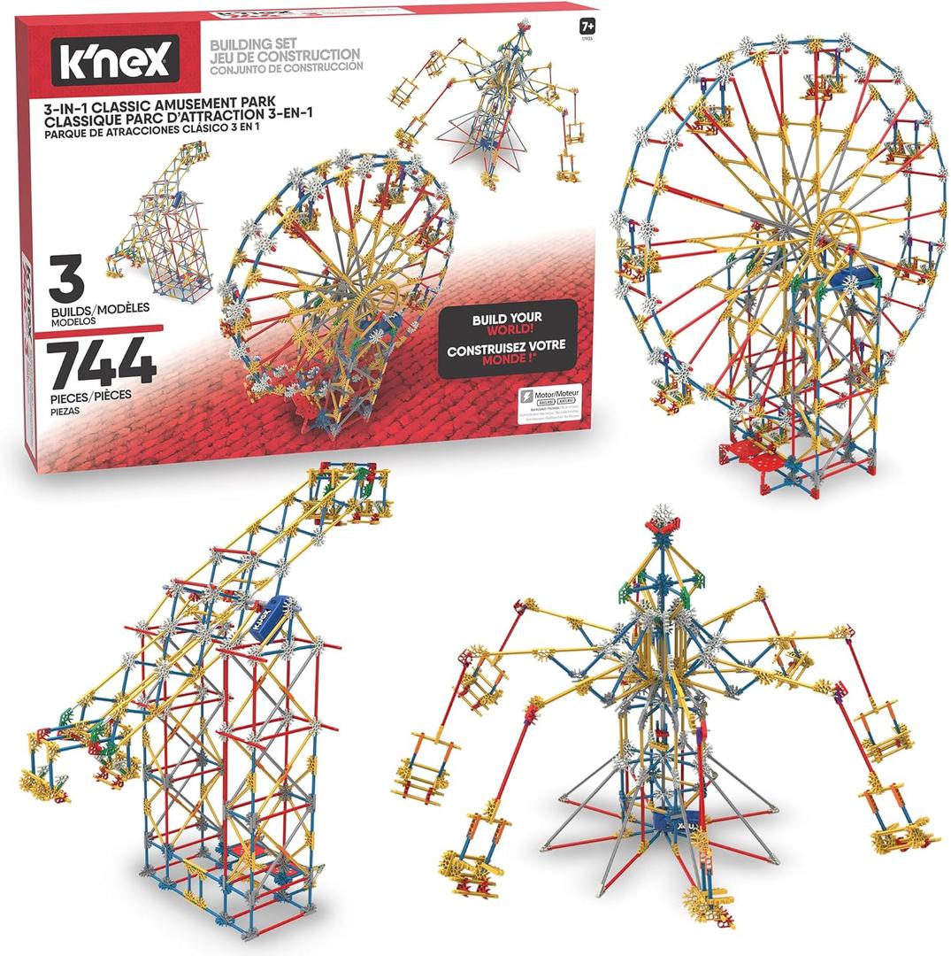 K'NEX - 3-in-1 Classic Amusement Park Building Set - 744 Pieces, Motorized, Kid Construction Set Ages 9+