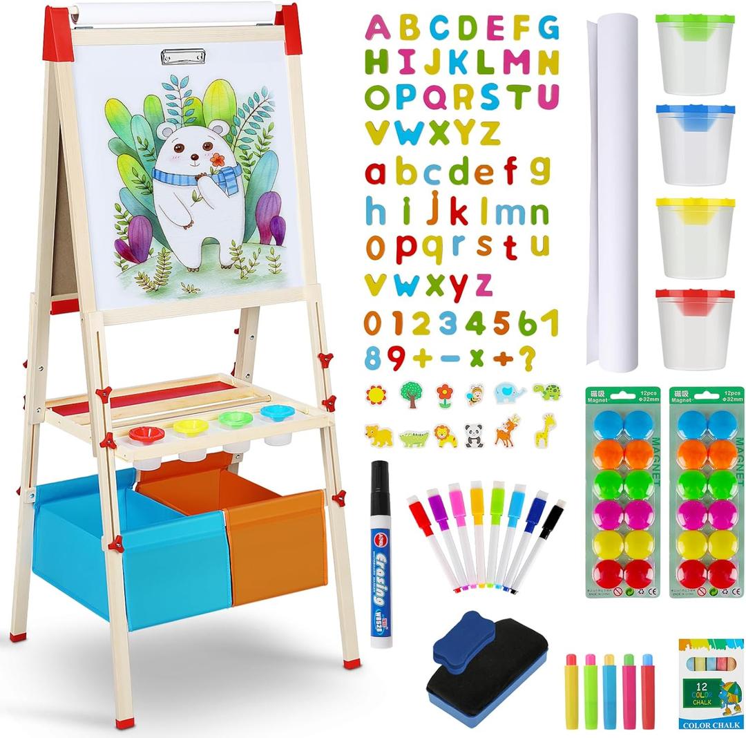Easel for Kids,3 in 1 Adjustable Kids Art Drawing Easel Set,130+ Art Supplies,Wooden Double Sided Magnetic Chalkboard and White Board with Paper Roll,Painting for Aged 2-4,5-7,8-12
