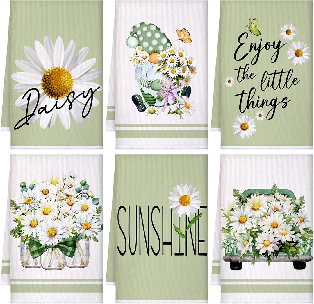 Boyiee Set of 6 Daisy Kitchen Towels Spring Floral Gnome Dishtowels Flower Rustic Tea Towels Absorbent Forest Green Hand Wash Cloth 24"x16" for Farmhouse Kitchen Bathroom Housewarming Gift