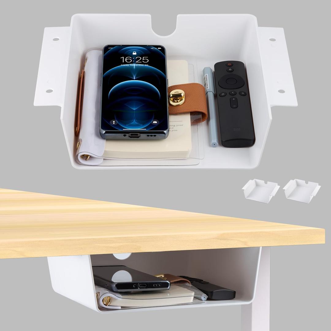 2 Pack Adhesive Under Desk Hanging Shelf Mount Drawer Organizer, Attachable Plastic Under Desk Storage Tray for Standing Desks, Tables, Workstations, Gaming, Cabinet, Increase Storage Space - White