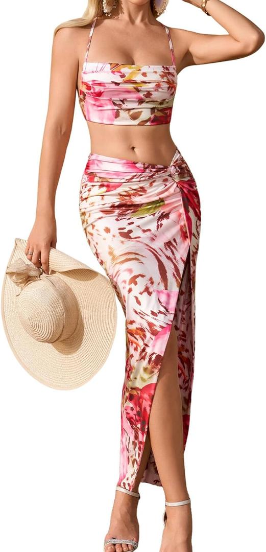 XinFSh Women's Two Piece Skirt Sets Summer Beach Vacation Outfits Sexy Asymmetrical High Slit Night Out Dress Set (S)
