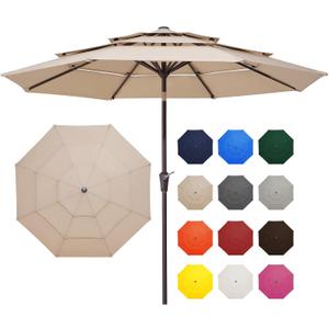 JEAREY 9FT 3 Tier Patio Umbrella Outdoor Market Umbrella Table Umbrellas with 8 Ribs 1.5 Pole Push Button Tilt and Crank UV Protection for Garden,Beige