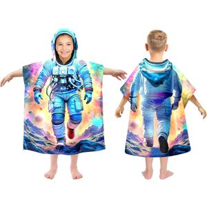 Gooddooes Kids Hooded Beach Towels Wrap for 4-12 Years,Cute Astronaut Theme Boys Swim Cover Up for Bathroom27"x33" Quick Dry Blue Bath Towel Poncho,Perfect for Travel Vacation,Pool Party,Swimming (W27"xH33")