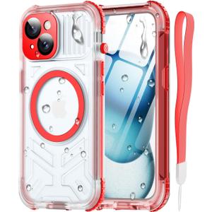 for iPhone 15 Waterproof Case with Magsafe, Screen Protector, Lanyard, IP68 Military Full Body Shockproof, for Water Sports Outdoor Work, Funda para 15 Impermeable, 6.1" Red