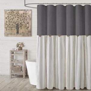 Farmhouse Shower Curtain Linen Grey Button Woven Fabric Country Rustic Western, Pleated Grey Stripe 72" W x 72" L